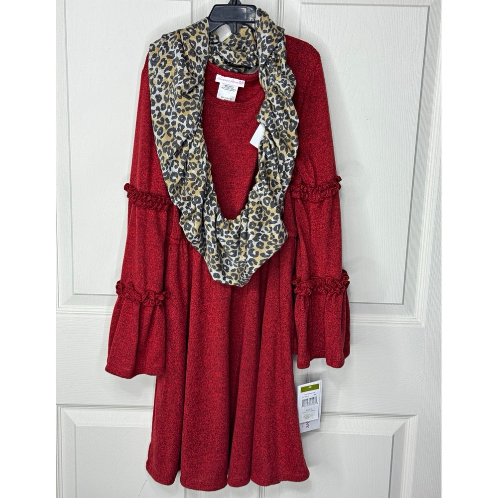 Bonnie Jean Girls 14 Rust Red Knit Long Sleeve Ruffle Dress Leopard Scarf NWT